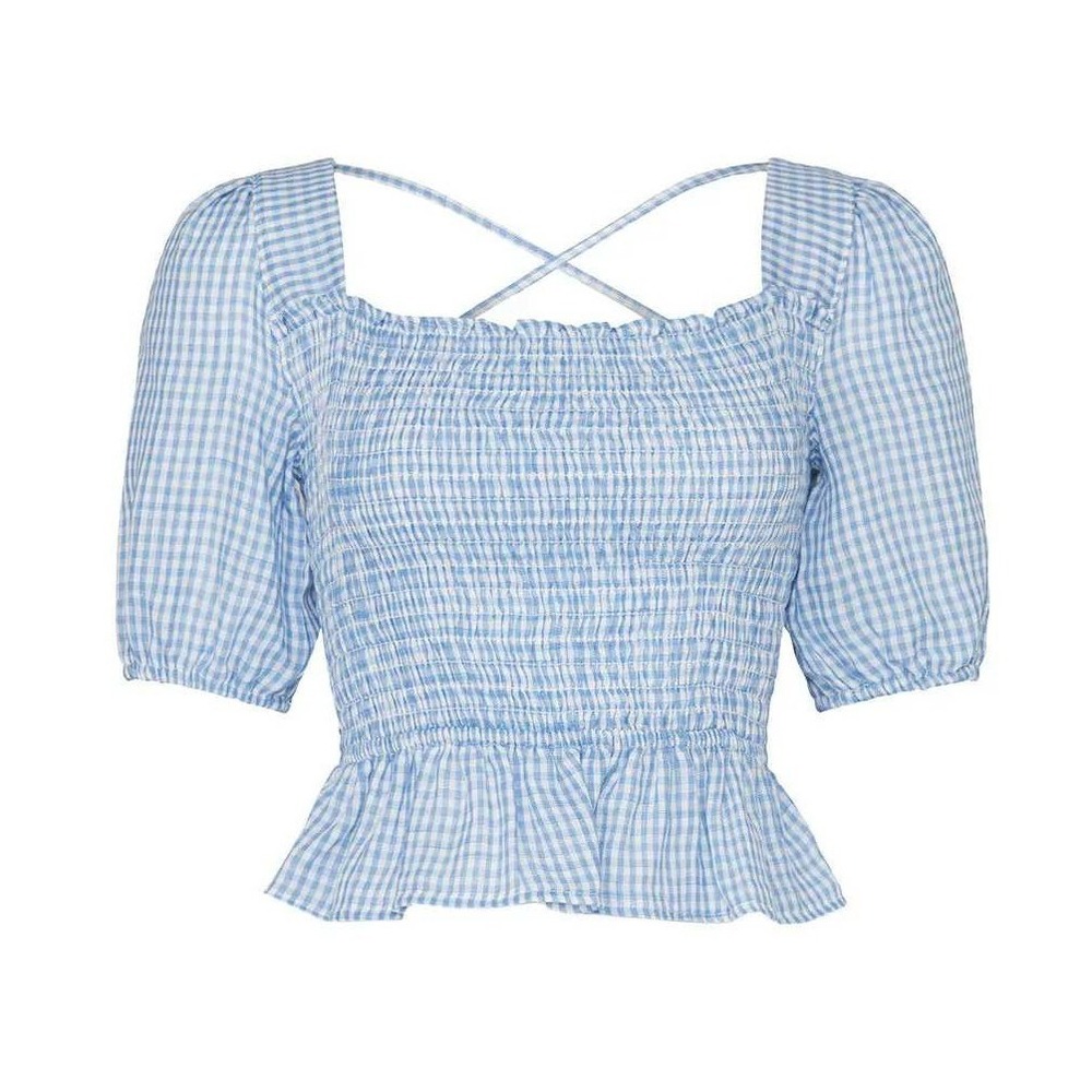 Louna Blue Gingham Cotton Smocked Puff Sleeve Peplum Top Women Medium Peasant